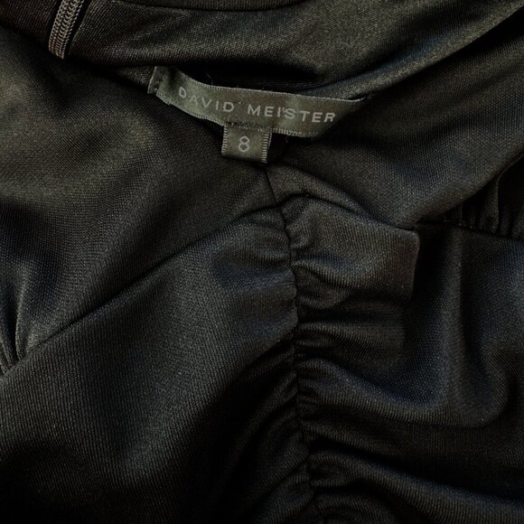 David Meister Black Stretch Jersey Ruched Waist Tie Belt Cap Sleeve Midi Dress 8 - Picture 4 of 4
